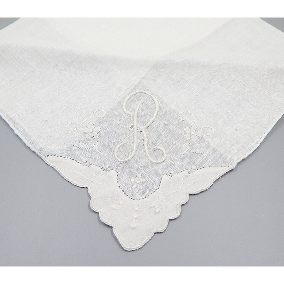 Desco Irish Linen Handkerchief Bridal Hanky Made in Madeira Monogram R Set of 2 - Picture 5 of 12